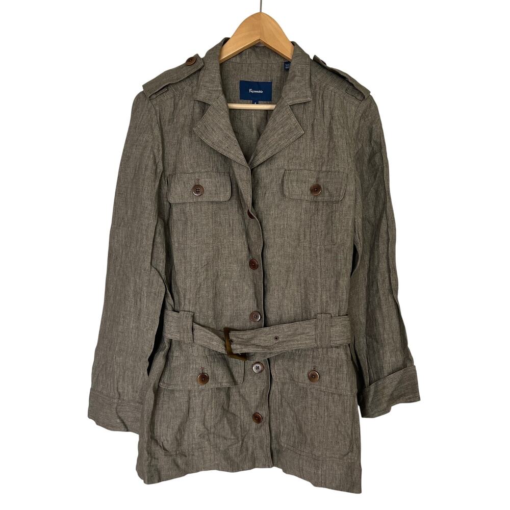 Faconnable Women's Size 6 Linen Jacket Safari Coat Tab Pockets Brown Belt Button